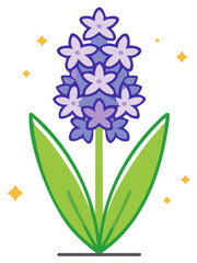 Stylized Hyacinth Flower Blooming with Green Leaves and Sparks, Spring Floral Illustration