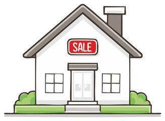 Cartoon house with sale sign for real estate property, home buying and selling concept