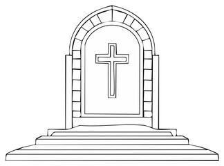 Religious monument outline featuring a cross and arched entryway in stone illustration.