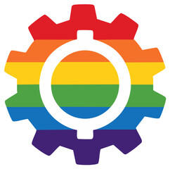 Cogwheel icon with rainbow colors and white inner symbol, symbolizing LGBTQ+ rights, diversity, and inclusion.