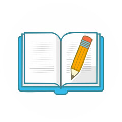 Open Blue Book with Lined Pages and Orange Pencil Icon Illustration Design
