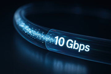 Fiber optic speed 10 Gbps bandwidth delivering fast connectivity and dynamic blue light trail to express high-performance network energy and data