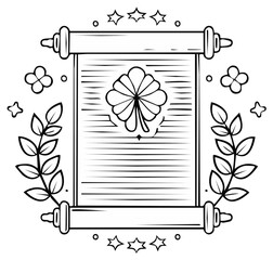 Ornate Scroll with Four Leaf Clover Surrounded by Laurel Branches and Stars, Detailed Line Art Illustration