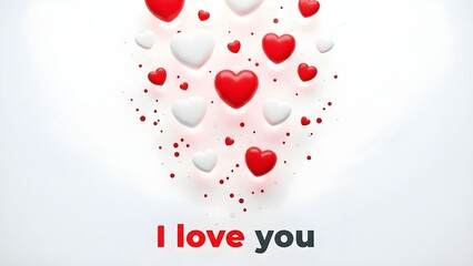 Red and white three dimensional hearts gently floating down against a bright white background illustrating a profound declaration of love with the prominent phrase i love you underneath