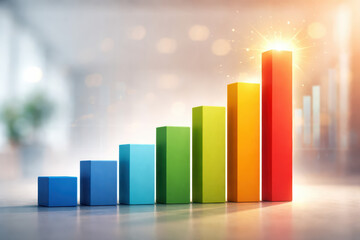 Growth success progress bar chart colorful ascending rectangular block to depict business growth and financial achievement with warm glow