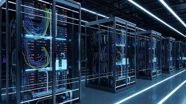 Rows of servers in a data center with glowing neon lights and complex cabling