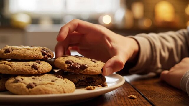 Child enjoys a fresh chocolate chip cookie from a plate on a wooden table in a warm kitchen setting