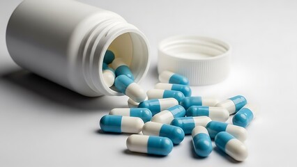 Blue and white medical capsules spilling out of a tipped white plastic prescription pill bottle onto a clean white surface in a close up shot
