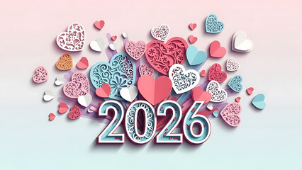 Colorful paper cut hearts in pink, blue, and white with 2026 text