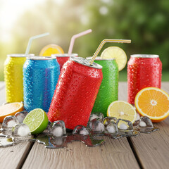 Colorful Soda Cans with Ice and Citrus