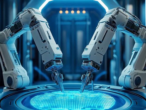 Futuristic robotic arms in a hightech environment