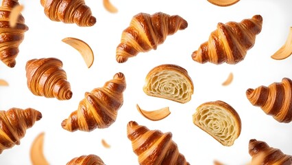 Golden brown flaky croissants are captured midair in a delightful pattern showcasing their rich texture and airy interior against a clean white backdrop perfect for bakery promotion