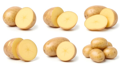 Potato potatoes vegetable, many angles and view side top front cluster group slice cut isolated on withe background cutout, PNG file

