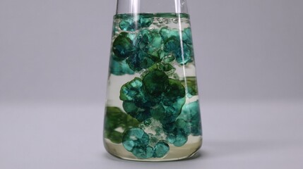Emerald green botanical elixir in a glass flask showcasing intricate bubble formations and liquid swirls