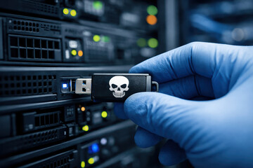 Malware security threat usb server skull gloved hand inserting a malicious flash drive into a server port suggesting cyber risk and data breach