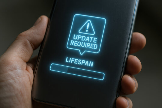 Lifespan update required update warning obsolescence Handheld device shows holographic alert and depleted lifespan bar conveying urgent need to update or replace product