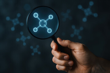 Molecule magnifying glass hand hologram research discovery — A close-up a hand holding a magnifying glass revealing a glowing molecular hologram evoking curiosity and wonder