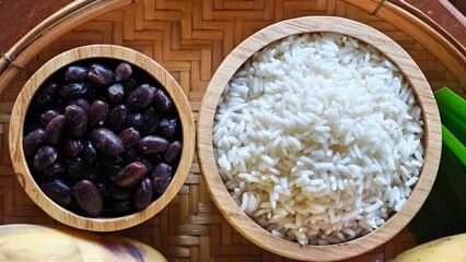 Coconut Sticky Rice with Black Beans for Making Sticky Rice Wrapped in Banana Leaves.