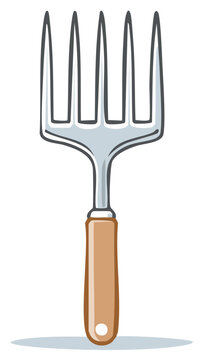 Illustrated garden fork with wooden handle for turning or aerating soil outdoors