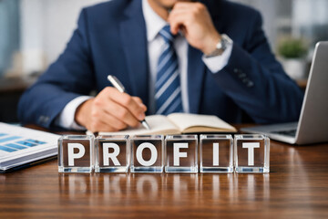Profit business finance growth success Focused businessman in suit writing in notebook at desk with laptop and clear blocks spelling PROFIT conveying determination and ambition