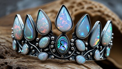 Pear strong play opal organic tiara in blackened silver freeform iridescent on abalone shell texture