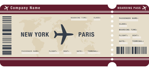 Vintage style airline boarding pass illustration for international travel, showing flight details