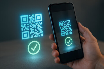 Qr code verification checkmark smartphone scan hologram A close-up a hand holding a phone scanning a glowing QR code hologram with green checkmark confirming secure verification