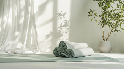 Minimal winter Japanese wellness setup with yoga mat and folded towels