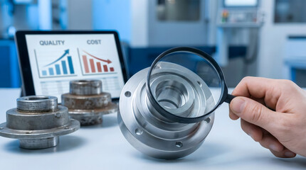 Quality control inspector examining metal part with magnifying glass in factory,monitoring production standards and cost efficiency,precision engineering and industrial excellence