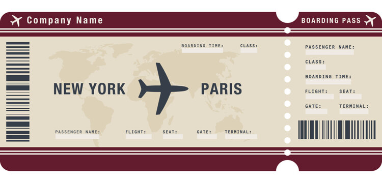 Vintage style airline boarding pass illustration for international travel, showing flight details