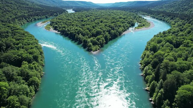 Breathtaking high aerial drone shot showing two distinct, vibrant turquoise rivers flowing and smoothly converging to form one large, powerful stream smoothly, wilderness, landscape