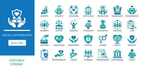 Social Governance Solid Icons. Including democracy, ESG, human rights, and social justice symbols. Editable vector for public policy, non-profit apps, and corporate reports