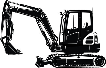 Black silhouette excavator vector illustration, heavy construction machinery icon, isolated digger backhoe equipment for building site and industrial earthmoving project work © Ashraful