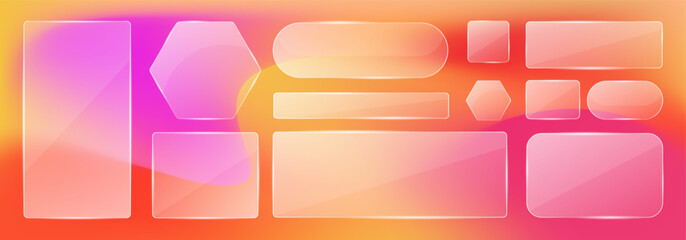 Trendy Glassmorphism UI elements set with transparent buttons and geometric panels on a vibrant neon pink and orange gradient background
