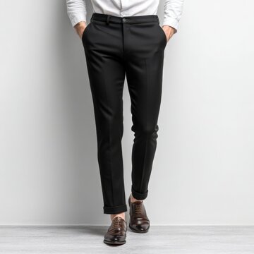 A stylish man poses in formal black trousers, showcasing the tailored fit and elegant design complemented by brown leather shoes against a simple backdrop.