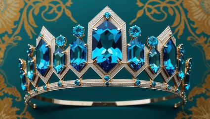 Shield london blue topaz art deco crown tiara in white gold geometric on teal gold pattern silk
