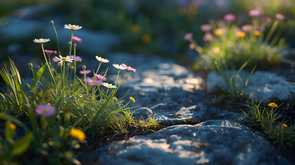 Gentleness and strength exist together in nature where small wild flower growing beneath stone show resilience and beauty of life among rocks in morning light with calm hope