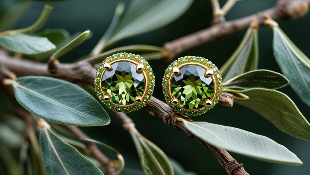 Round vesuvianite idocrase jacket stud earrings in green gold leaf lush on olive branch close up