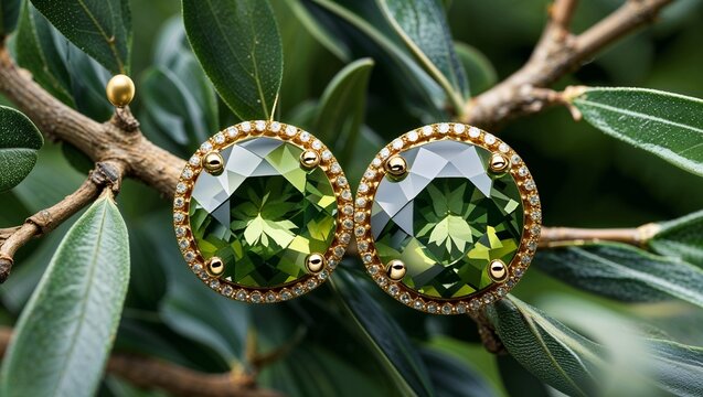 Round vesuvianite idocrase jacket stud earrings in green gold leaf lush on olive branch close up
