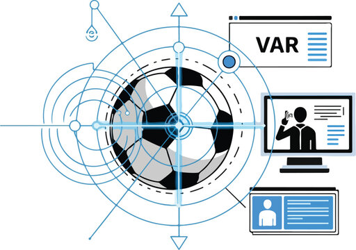 Infographic illustration of a soccer ball with VAR technology graphics on screens and targeting system lines on a white background.