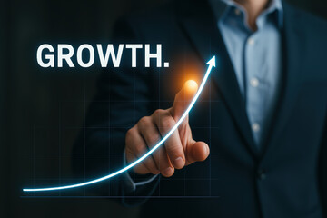 Success growth achievement expansion progress momentum Confident executive pointing at an upward glowing graph on a digital screen conveying optimistic business growth