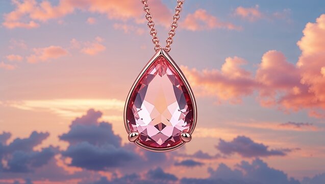 Briolette morganite drop hybrid in rose gold sunrise glow on peach cloud sky