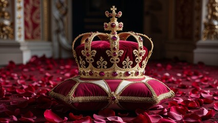 Cushion ruby ornate royal crown in yellow gold filigree dramatic on deep red rose petal carpet