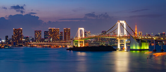 Tokyo Rainbow Bridge Illuminated at Night with City Skyline and Bay Reflections