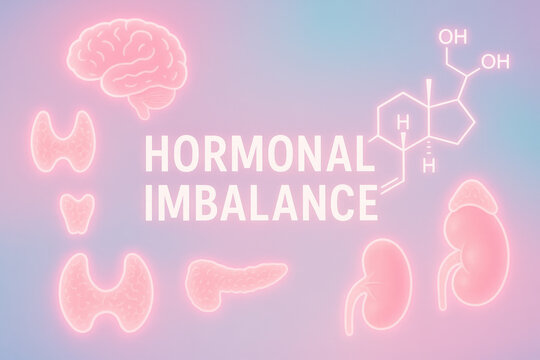 Glowing hormonal imbalance visualization concept. This medical illustration shows endocrine system with pink markers on pastel background for health awareness and education