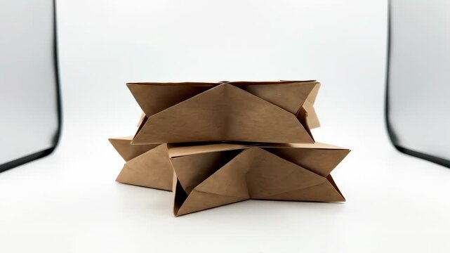 Bright, clean studio shot of a stack of simple brown paper packages designed as stylized star decorations rotating slowly against a pure, diffused white background pure, christmas, geometric