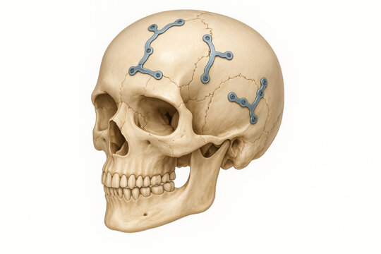 Serious medical illustration of human skull showing titanium fixation plate for postoperative cranial reconstruction. clinical view on clean white background