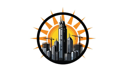 Urban skyline with sun and construction cranes in a circular frame.