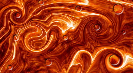 Abstract fiery orange and red swirling background with glowing lines and spheres. This dynamic...