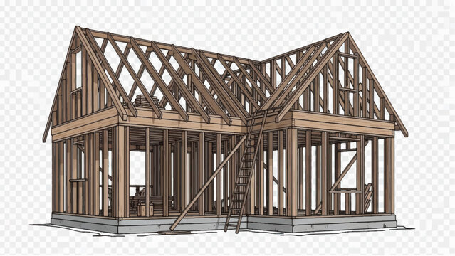 Wooden frame of a house under construction showcasing the structural elements.